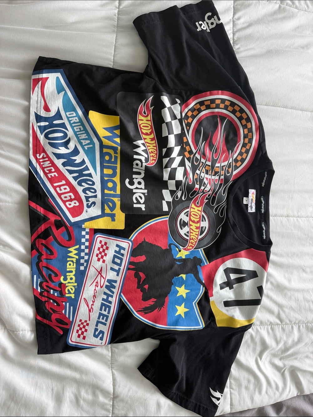 Wrangler Black Graphic Tee with Red, Yellow, Blue Accents